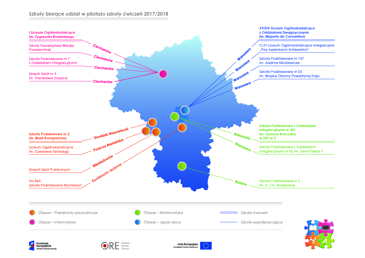 Mapa konturowa województwa mazowieckiego z lokalizacją Szkół ćwiczeń i szkół współpracujących