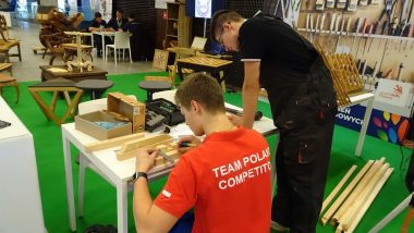 prezentacja w przestrzeni targowej umiejętności Tymoteusza Dubińskiego, reprezentanta Polski w konkurencji ciesielstwo na turnieju umiejętności zawodowych EuroSkills 2018