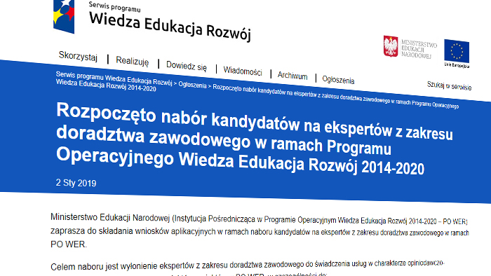 Rozpoczęto nabór kandydatów na ekspertów z zakresu doradztwa zawodowego w ramach Programu Operacyjnego Wiedza Edukacja Rozwój 2014-2020