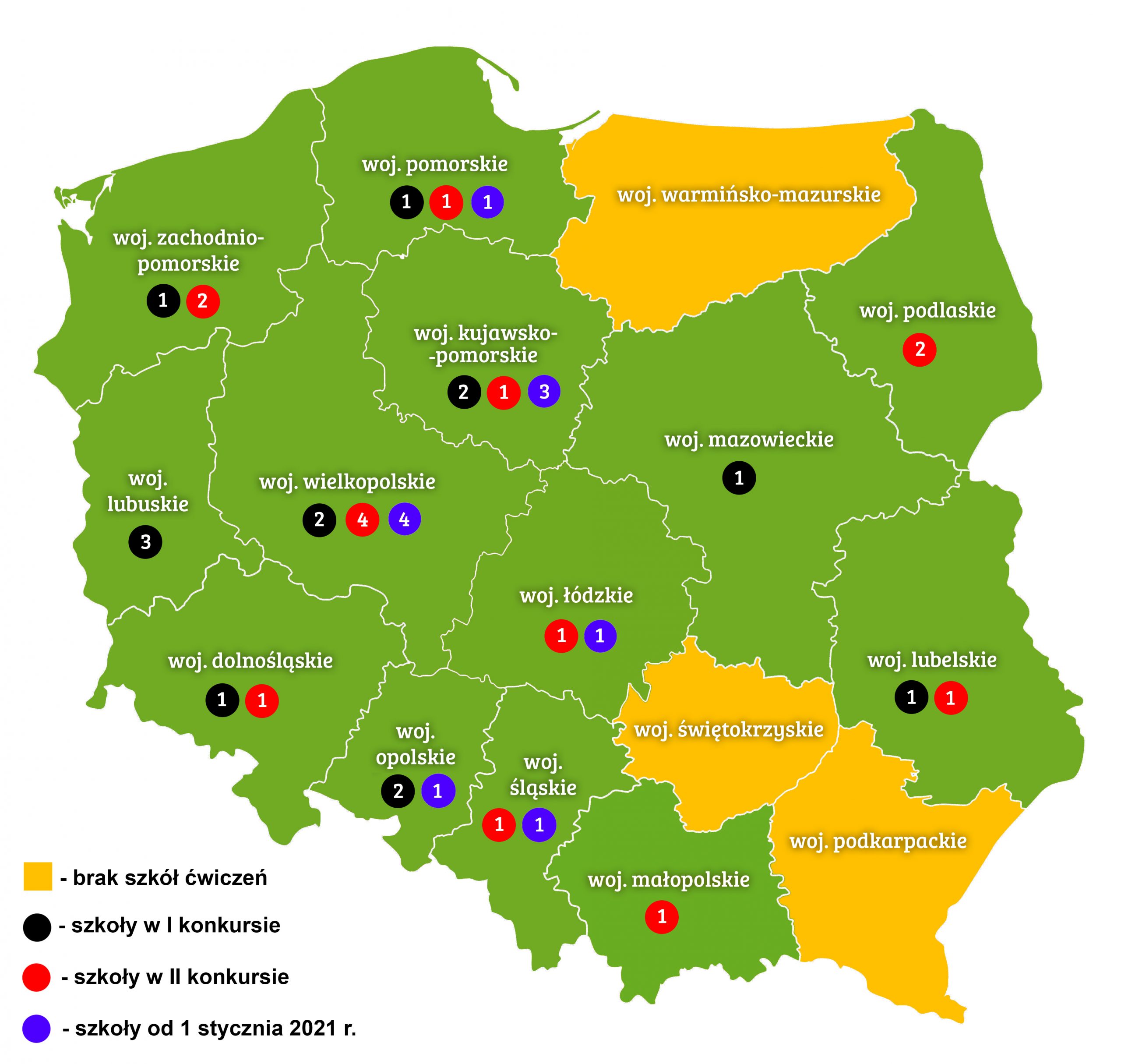 Mapa: Szkoły ćwiczeń – projekty konkursowe