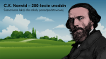 Popiersie Cypriana Kamila Norwida na tle krajobrazu - zielonej łąki, pagórków, drzew, pogodnego nieba. Obok napis: C. K. Norwid - 200-lecie urodzin. Scenariusze lekcji dla szkoły ponadpodstawowej.