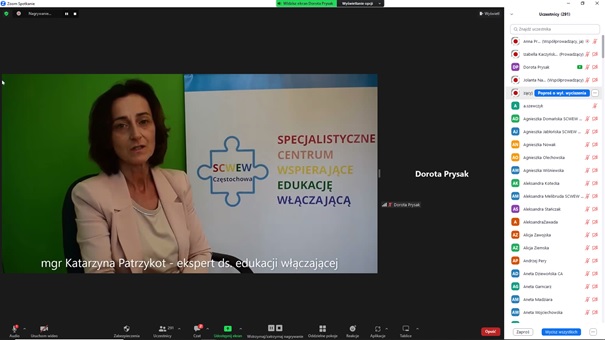 zrzut z ekranu przedstawia Katarzynę Patrzykot - eksperta ds. edukacji włączającej