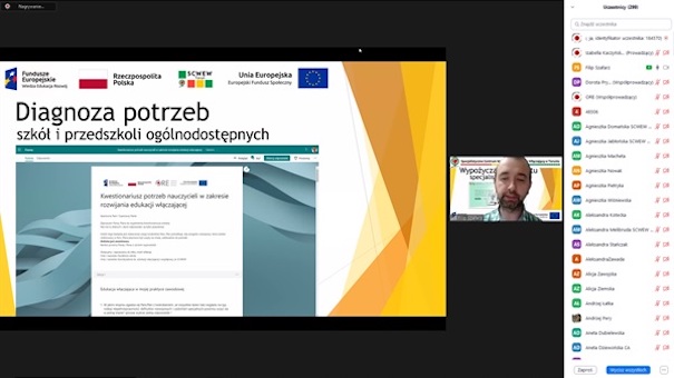 zrzut z ekranu przedstawia osobę, która mówi jak była wykonywana diagnoza potrzeb wśród dzieci i młodzieży ze szkół ogólnodostępnych