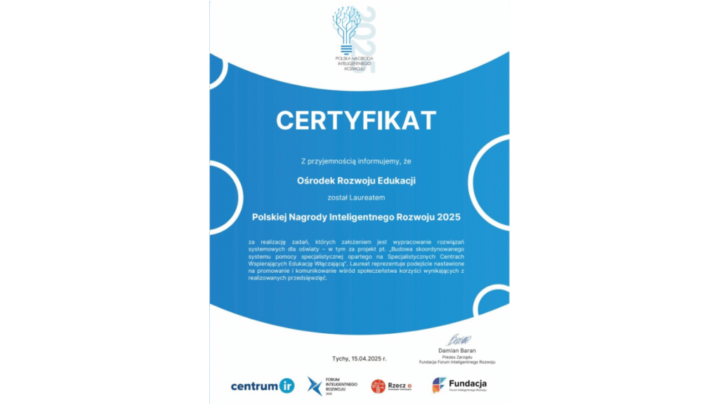 Certyfikat laureata Polskiej Nagrody Inteligentnego Rozwoju 2025