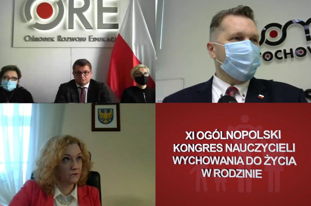 od góry od lewej: Grażyna Wiśniewska Wicedyrektor ORE, Tomasz Madej p.o Dyrektor Ośrodka Rozwoju Edukacji w Warszawie, Agnieszka Karczewska-Gzik, Kierownik Wydziału Rozwoju Kompetencji Społecznych i Obywatelskich, Minister Edukacji i Nauki dr hab Przemysław Czarnek, w dolnym rzędzie od lewej: Beata Białowąs Członek Zarządu Województwa Śląskiego, po prawej napis: XI Ogólnopolski Kongres Nauczycieli Wychowania do Życia w Rodzinie.