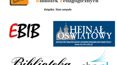 Baner konferencyjny z napisami - VI Nowym Forum Bibliotek Pedagogicznych w Krakowie. Książka stan umysłu. EBIB, Hejnał Oświatowy. Miesięcznik MCDN, Biblioteka w Szkole, sbp.pl