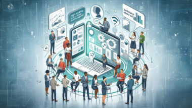 Na grafice znajduje się grupa ludzi rozmawiających ze sobą w parach, lub pracująca przy urządzeniach typu: laptop, tablet. W centralnym miejscu grafiki znajduj się laptop, wokół którego zgromadzeni są ludzie w różnych sytuacjach komunikacyjnych: rozmawiający ze sobą, słuchający, pracujący.