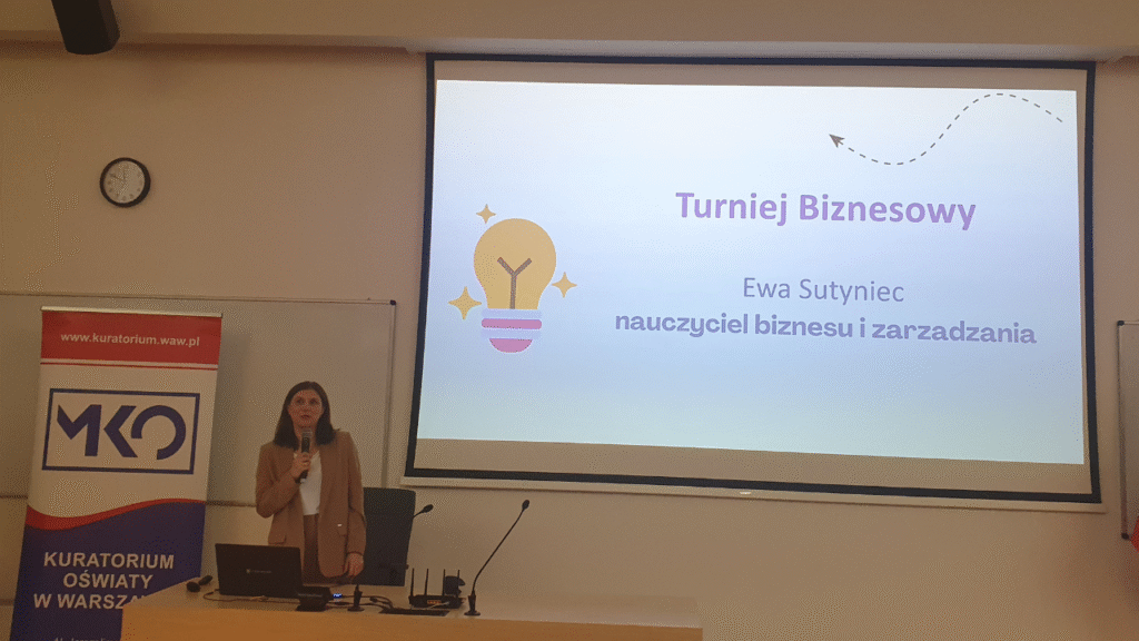 Kolejna z laureatek konkursu – Ewa Sutyniec z Branżowej Szkoły I Stopnia nr 37 im. Jana Karskiego w Warszawie przedstawia innowację „Turniej biznesowy”