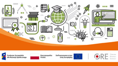 Piktogramy związane z nauką i technologiami, m.in.: globus, cyrkiel, książki, żarówka, rakieta kosmiczna, zeszyt. Na dole znajdują się logotypy o treści: Fundusze Europejskie dla Rozwoju Społecznego, Rzeczpospolita Polska, Dofinansowane przez Unię Europejską, Ośrodek Rozwoju Edukacji.