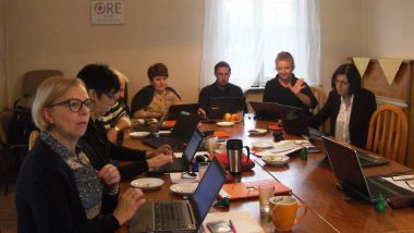 Grupa ekspertów dyskutuje nad prezentowanym fragmentem programu szkoleniowo-doradczego dla przedstawicieli JST